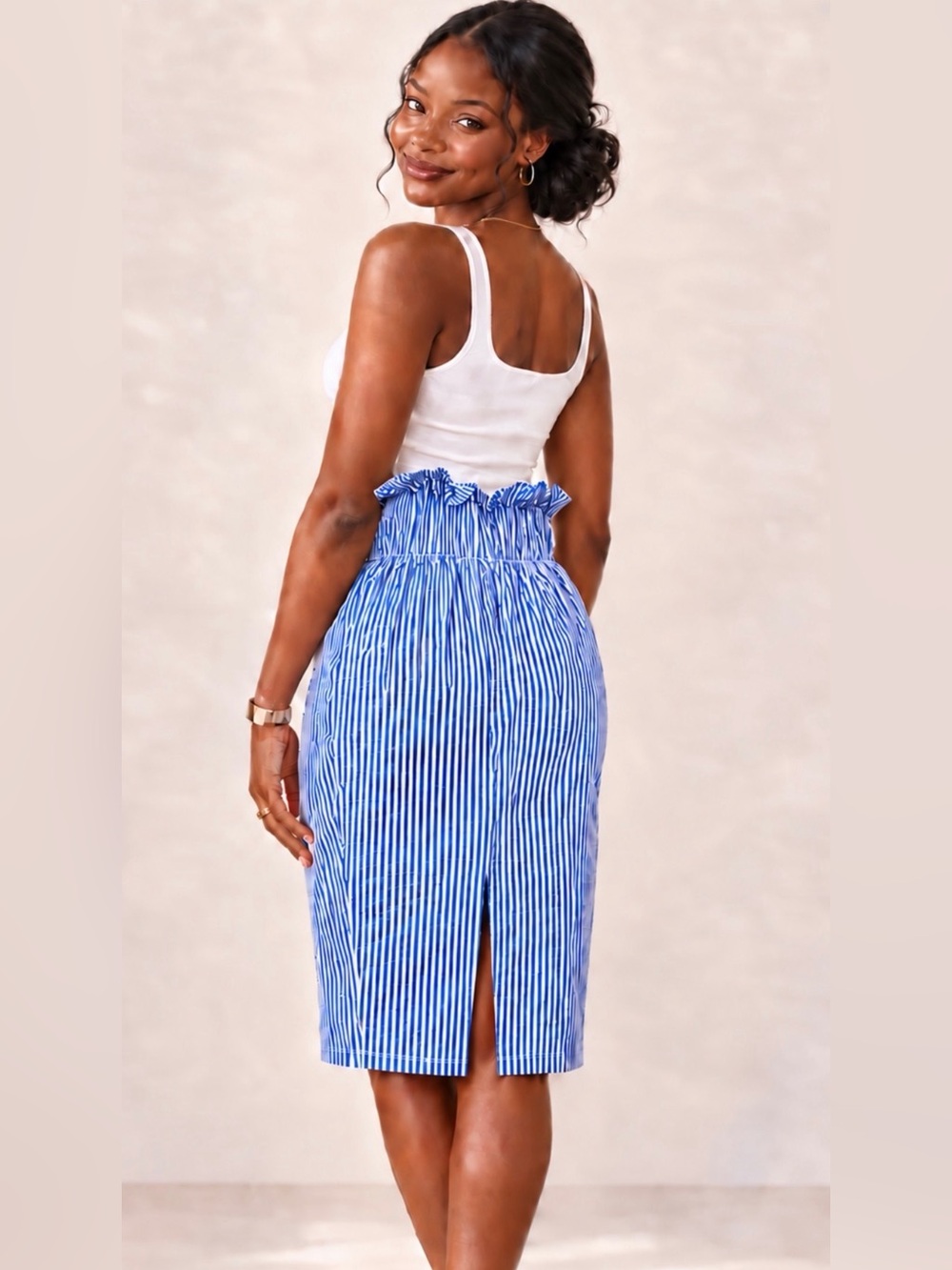 J.Crew Blue White Striped Paperbag Waist Midi Pencil Skirt Size 6